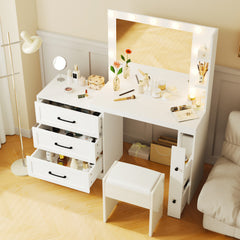 HAOYYE 55.2" Vanity Desk with Freely Adjustable Side Cabinet, Makeup Vanity with Hollywood Lights, 5 Storage Drawers & 2-shelves, Modern Dressing Table, White
