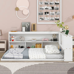 HAOYYE Full Floor Bed with L-shaped Bookcases, sliding doors,without slats,White Sturdy Space-Saving Heavy Duty Modern Design Easy Assembly Durable Stylish Home Furniture Versatile