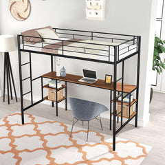 HAOYYE Twin-Size Loft Bed With Table And Shelves, Heavy-Duty Metal Construction, Noise-Reduced Design, Safety Guardrail, Two Side Ladders, CPC Certified, No Box Spring Required, Space-Saving Loft Bed For Modern Living Spaces