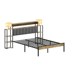 HAOYYE Queen Bed Frame with Storage, Platform Bed Queen Size with LED Lights and Charging Station, Dark gray velvet Headboard with Bookcase Shelves, No Box Spring Needed, Noise Free Sturdy Space-Saving