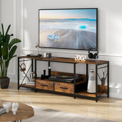 HAOYYE TV Stand with LED Lights and Power Outlets, TV Console with Fabric Drawers for 65-75 Inch TVs, Industrial Entertainment Center with Open Storage Shelves, Modern TV Stand for Living Room, Bedroom