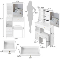 HAOYYE Small Size Left Drawer Desktop Vanity Table + Cushioned Stool, Extra Large Sliding Mirror, Multi Layer, High Capacity Storage Fashionable Dresser, Suitable for Small Space, EPA,GCC,UL Certificate