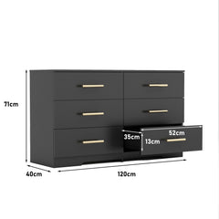 HAOYYE Black 6-Drawer Dresser Chest With Gold Handles, Modern Sturdy Space-Saving Heavy Duty Storage Cabinet For Bedrooms And Dorm Rooms, Easy Assembly