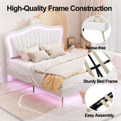 HAOYYE Queen Size Upholstered Bed Frame with LED Lights,Modern Upholstered Princess Bed With Crown Headboard,White Sturdy Space-Saving Heavy Duty Modern Design Adults Dorm Room Easy Assembly