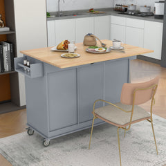 HAOYYE Rolling Mobile Kitchen Island With Solid Wood Top, Storage Cabinet, Drop Leaf Breakfast Bar, Spice Rack, Towel Rack, And Drawer, Grey Blue, Sturdy Space-Saving Design With Locking Wheels
