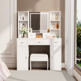 HAOYYE The white vanity with LED mirror is equipped with a hair dryer rack, and the vanity in the bedroom and dressing room is equipped with a dressing pad