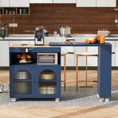 HAOYYE Navy Rolling Kitchen Island With Extended Table, LED Lights, Power Outlets, Fluted Glass Doors, Storage Compartment, and Open Shelves, Sturdy Space-Saving Design, Easy Assembly