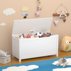 HAOYYE Wooden Toy Box Storage with Safety Hinged Lid, White, Sturdy Space-Saving Design, Easy Assembly, Durable and Stylish Home Furniture