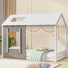 HAOYYE Twin Size House Platform with Roof and Window, White+Antique Grey(Old SKU: WF294130AAE) Sturdy Space-Saving Heavy Duty Modern Design Adults Dorm Room Easy Assembly Bedroom Furniture