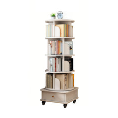 HAOYYE 5 Tier Rotating Bookshelf Tower with 360 Degree Swivel Display, Drawer Storage, Universal Wheels and Modern Round Design, Space-Saving Standing Bookcase for Home Office Bedroom or Living Room in Warm White