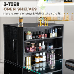 HAOYYE Black Nail Table with Tempered Glass Top and Relief Particle Board Finish, Three Doors and Two Drawers, Fanless Design for Salon Manicure Station or Home Beauty Workspace