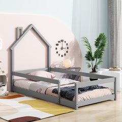 Haoyye Twin Size Wood Bed with House-Shaped Headboard, Floor Bed Frame with Fences and Guardrails, Modern Space-Saving Platform Bed for Bedroom or Dorm, Sturdy Pine Construction, Easy to Assemble, Ideal for Creative and Relaxing Sleep Spaces