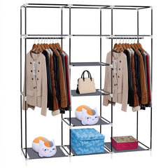 DE Direct HAOYYE Portable Clothes Closet Wardrobe with Double Hanging Rods and Shelves Non-Woven Fabric Storage Organizer for Bedroom Apartment Entryway Walk-In Closet Easy to Assemble Space-Saving Dustproof Design in Gray