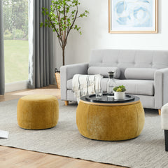 HAOYYE Round Storage Ottoman, 2-in-1 Functional Design as End Table and Ottoman, Includes Small Seat, Dark Yellow, Modern Space-Saving Accent Furniture for Living Room, Bedroom, or Office, Sturdy and Heavy-Duty, Easy Assembly