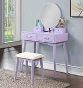 HAOYYE Liannon Contemporary Wood Vanity and Stool Set, Purple Makeup Vanity Table with Storage Drawers, Elegant Dressing Table with Round Mirror and Cushioned Stool, Stylish Compact Vanity Desk for Bedroom, Apartment, or Makeup Room