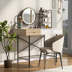 HAOYYE GO 40" Makeup Vanity Desk with 3-Mode Lighted Mirror & Wireless Charging Station , Vanity Table with Drawer & 3 Open Shelves for Ample Storage Space, Dressing Table for Bedroom, White