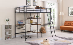 HAOYYE Twin Size Metal Loft Bed and Built-in Desk and Shelves,Black Sturdy Space-Saving Heavy Duty Modern Design Adults Dorm Room Easy Assembly Bedroom Furniture