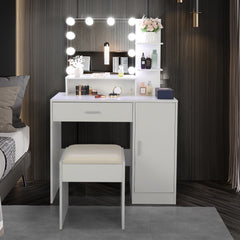 HAOYYE Large Vanity Set with LED Bulbs Makeup Table, Cushioned Stool, Multiple Storage Shelves, Drawer and Cabinet, Elegant Dressing Table Desk for Bedroom and Personal Use
