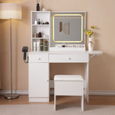 HAOYYE Vanity Desk With Lighted Mirror And Power Outlet, Makeup Vanity With Drawers And Large Storage Cabinet, 3 Lighting Modes With Adjustable Brightness, Storage Stool, White Sturdy Space-Saving Design
