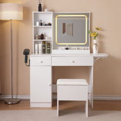 HAOYYE Vanity Desk With Lighted Mirror And Power Outlet, Makeup Vanity With Drawers And Large Storage Cabinet, 3 Lighting Modes With Adjustable Brightness, Storage Stool, White Sturdy Space-Saving Design