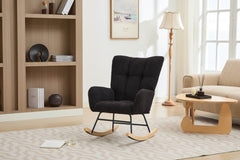 Haoyye Black Modern Nursery Rocking Chair with High Backrest, Soft Teddy Upholstered Glider Accent Armchair with Solid Wood Legs, Gentle Rocker for Bedroom, Living Room, or Nursery, Sturdy and Space-Saving Design for Adults