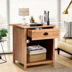 HAOYYE Mid Century Modern Nightstand with Drawer and Open Shelf, Oak Color Bedside Table Made of P2 Board and Real Wood Veneer, Retro Accent End Table for Bedroom or Living Room