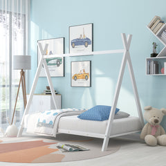 HAOYYE House Bed Tent Bed Frame Twin Size Metal Floor Play House Bed with Slat for Girls Boys , No Box Spring Needed White Sturdy Space-Saving Heavy Duty Modern Design Easy Assembly Durable Stylish