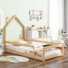 Haoyye Twin Size Wood Bed with House-Shaped Headboard, Floor Bed Frame with Fences and Guardrails, Low Platform Design for Bedroom or Dorm, Sturdy Pine Construction, Space-Saving and Heavy Duty, Easy Assembly, Ideal for Cozy Sleeping Spaces