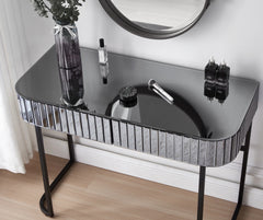 HAOYYE 39" Mirrored Makeup Vanity Table with Stainless Steel Base, Mirrored Console Dressing Table with 2 Drawers,Versatile Desk for Bedroom and Office, Gray