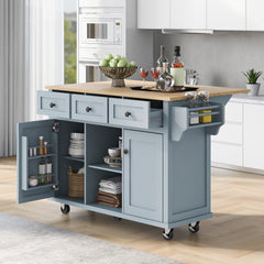 HAOYYE Kitchen Cart with Rubberwood Drop-Leaf Countertop, Cabinet Door Internal Storage Racks, Kitchen Island on 5 Wheels with Storage Cabinet and 3 Drawers for Dining Room, Grey Blue, Sturdy Space-Saving Design, Durable Home Furniture