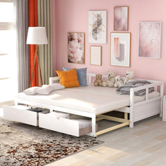 HAOYYE Wooden Daybed with Trundle and Storage Drawers, Extendable Sofa Bed for Bedroom or Living Room, White, Sturdy Space-Saving Design, Heavy Duty Construction, Easy Assembly, Durable and Stylish Home Furniture