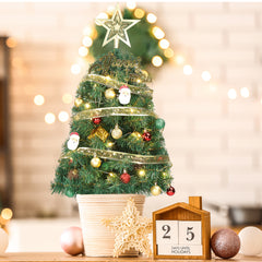 HAOYYE Green Pre-Lit Mini Artificial Christmas Tree, Tabletop Small Xmas Pine Tree with Ornaments and 30 Warm LED Lights, Battery Operated Holiday Decor for Home Office Store, Festive Indoor Display