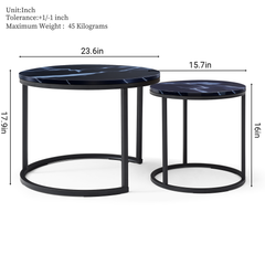 HAOYYE Set of 2 Round Nesting Coffee Tables with Black Marble Pattern Top and Metal Frame, Modern Industrial Circular Side Tables for Living Room Bedroom Apartment or Office Use