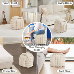Haoyye Chenille Fabric Knot Design Ottoman Footstool Makeup Stool, Comfortable and Stylish Seat, Modern Upholstered Chair for Living Room or Bedroom, Beige, Sturdy and Space-Saving Furniture