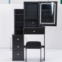 HAOYYE Small Size Left Bedside Cabinet Vanity Table + Cushioned Stool, Touch Control Sliding LED Mirror, Tri-color Switching, Brightness Adjust, Multi Layer, Suitable for Small Space, EPA,GCC,UL Certificate