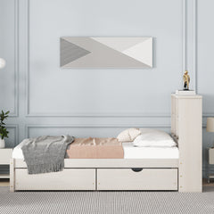 HAOYYE Modern Twin Size Bed Frame with Built-In USB Port on Bookcase Headboard and Two Drawers for White Washed Color, Sturdy Space-Saving Design, Heavy Duty Construction, Easy Assembly, Durable and Stylish Home Furniture