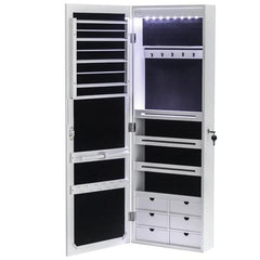 HAOYYE Wall Mounted Jewelry Cabinet with Mirror and Blue LED Lights, 4-Layer Storage Shelves and 6 Drawers, White Wooden Lockable Jewelry Organizer Armoire with Elegant Design