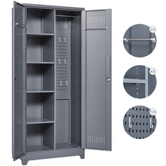 HAOYYE Metal Storage Cabinets, Cleaning Tool Cabinet with Locking Door, Tall Broom Tool Organizer and Storage, Large Storage Cabinet for Kitchen, Pantry, Office, Shop Sturdy Space-Saving Heavy Duty Durable