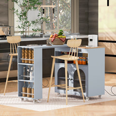HAOYYE K&K Rolling Kitchen Island With Extended Table, Kitchen Island on Wheels with LED Lights,Power Outlets and 2 Fluted Glass Doors, Kitchen Island with a Storage Compartment and Side 3 Open Shelves, Grey