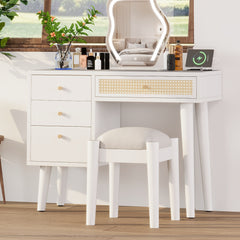 HAOYYE 39" Retro Bohemian Style Wooden Makeup Vanity Set with Charging Plug&USB Port and Stool, Dressing Table with 3 Storage Drawers and 1 Rectangular Rattan Drawer, White