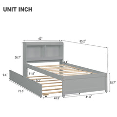 HAOYYE Twin Bed with Trundle,Bookcase,Grey Sturdy Space-Saving Heavy Duty Modern Design Adults Dorm Room Easy Assembly Bedroom Furniture