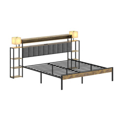 HAOYYE King Bed Frame with Storage, Platform Bed King Size with LED Lights and Charging Station, Dark gray velvet Headboard with Bookcase Shelves, No Box Spring Needed, Noise Free Sturdy Space-Saving