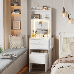 HAOYYE Small Space Vanity Table Set with 3 Adjustable Lighted Mirror and Storage Chair, Makeup Vanity Table for Small Space, White Dressing Table with Fold-up Panel for Bedroom