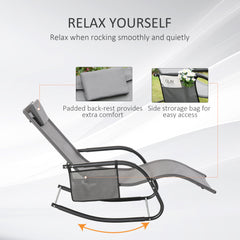 HAOYYE Gray Outdoor Rocking Chair With Breathable Mesh Fabric, Soft Padded Headrest And Armrests, Removable Side Pocket, Rubber Feet For Surface Protection, Sturdy Steel Frame Supports Up To 264 Lbs, Ideal For Patio, Backyard, Or Poolside Relaxation