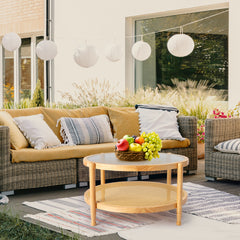 HAOYYE Rattan Coffee Table with Tempered Glass Top, Large Round Boho Style End Table with Hand-Woven Shelf, Sturdy Stable Structure for Living Room Bedroom Balcony Patio or Office