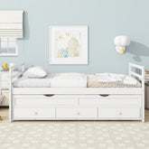 HAOYYE Twin Bed with Headboard, Footboard, Trundle and Storage Drawers, Pine Wood Twin Size Bed, White, Sturdy Space-Saving Heavy Duty Construction, Ideal for Adults and Dorm Rooms