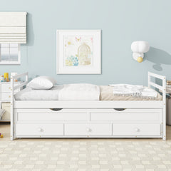 HAOYYE Twin Bed with Headboard, Footboard, Trundle and Storage Drawers, Pine Wood Twin Size Bed, White, Sturdy Space-Saving Heavy Duty Construction, Ideal for Adults and Dorm Rooms