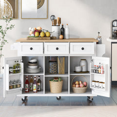 HAOYYE Kitchen Cart with Rubber wood Drop-Leaf Countertop ,Cabinet door internal storage racks,Kitchen Island on 5 Wheels with Storage Cabinet and 3 Drawers for Dinning Room,White Sturdy Space-Saving Durable