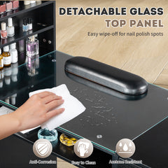 HAOYYE Black Nail Table with Tempered Glass Top and Relief Particle Board Finish, Three Doors and Two Drawers, Fanless Design for Salon Manicure Station or Home Beauty Workspace