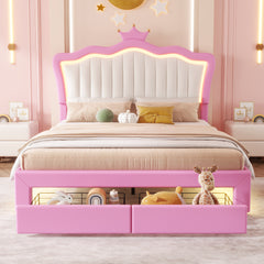 HAOYYE Full Size Upholstered Bed Frame With LED Lights, Modern Princess Bed With Crown Headboard And 2 Drawers, Pink And White, Sturdy Space-Saving Heavy Duty Design For Adults And Dorm Rooms